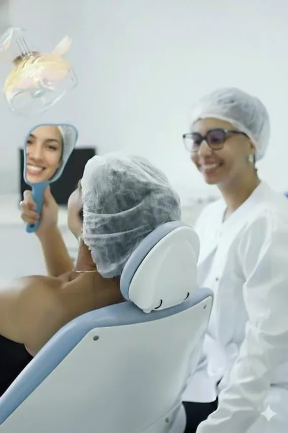 Atendimento no consultório Dentista Valim, com paciente olhando o sorriso no espelho